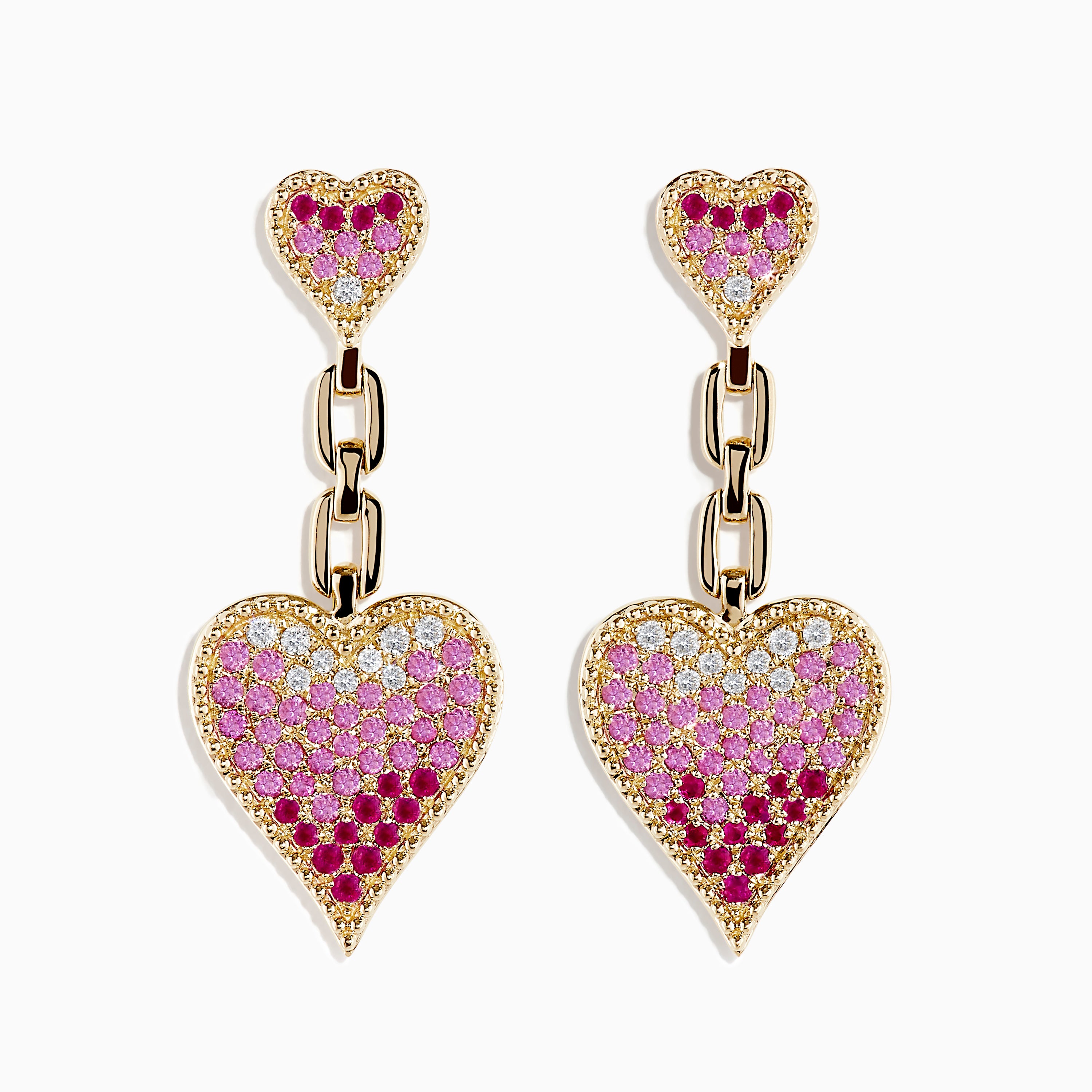 Novelty 14K Yellow Gold Pink Sapphire and Diamond Heart Earrings ...