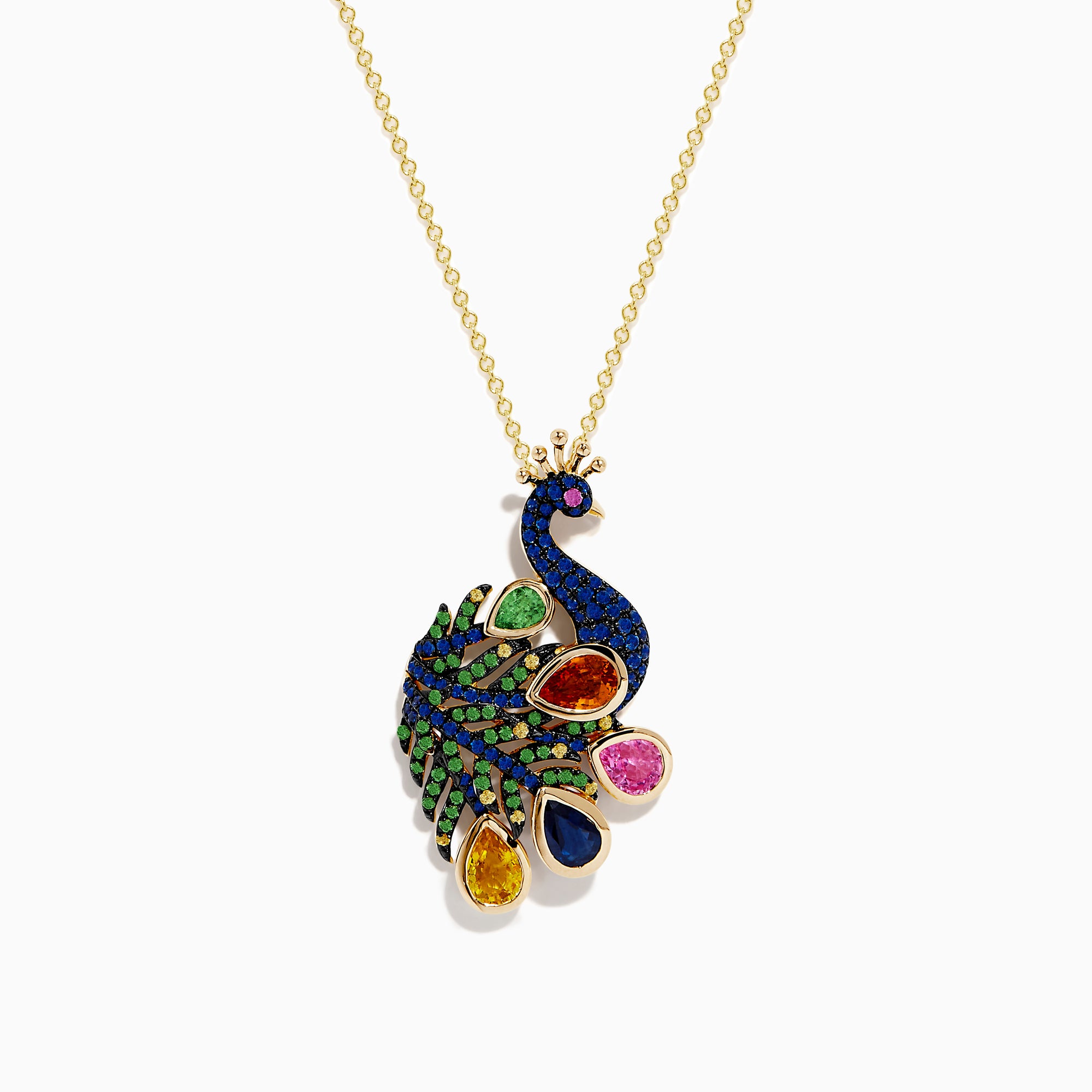 Safari 14k Yellow Gold Multi Sapphire Peacock Pendant