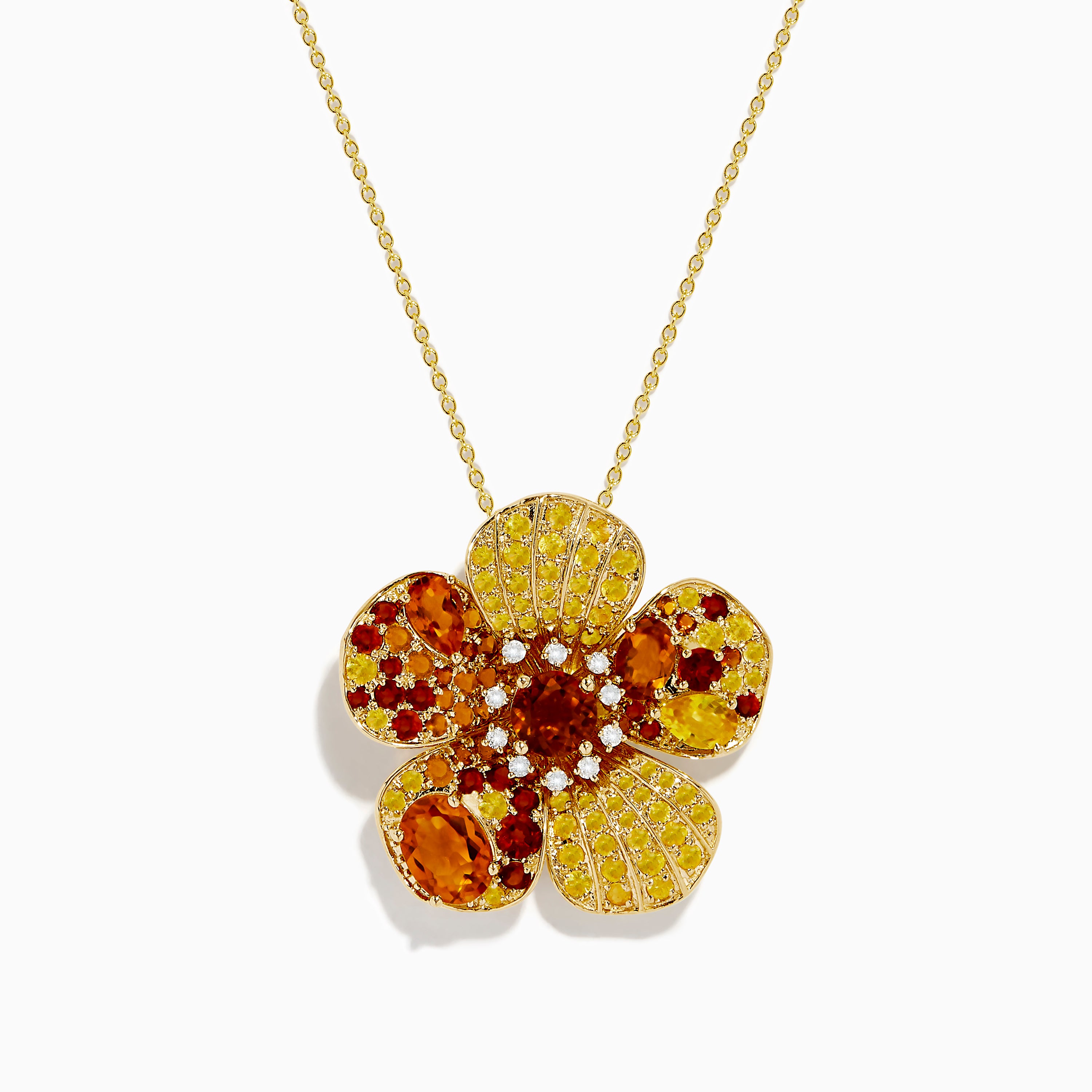 Nature 14K Yellow Gold Citrine Yellow Sapphire and Diamond Flower Pendant