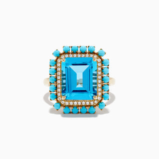 14K Yellow Gold Blue Topaz, Turquoise and Diamond Ring