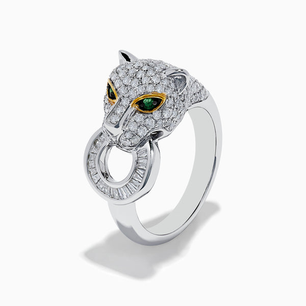 14k Signature White Gold Diamond & Emerald Panther Ring