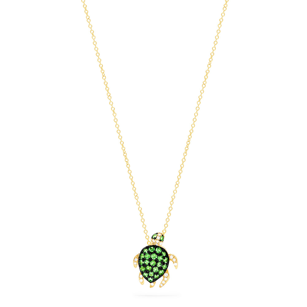 Oval Lab-Created Emerald and Diamond Accent Beaded Shell Pattern Sea Turtle  Pendant in Sterling Silver | Peoples Jewellers