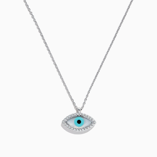 Effy Novelty 14K White Gold Diamond and Enamel Evil Eye Pendant, 0.15 TCW