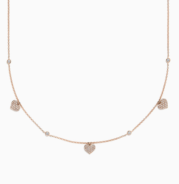 Effy Novelty 14K Rose Gold Diamond Hearts Station Necklace, 0.45