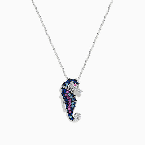 Seaside 14K White Gold Diamond and Multi Stone Seahorse Pendant