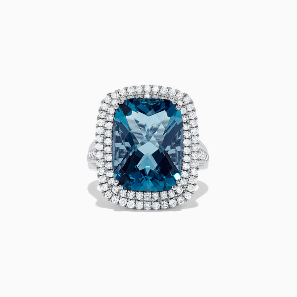 Ocean Bleu 14K White Gold London Blue Topaz and Diamond Ring, 12.32 TCW