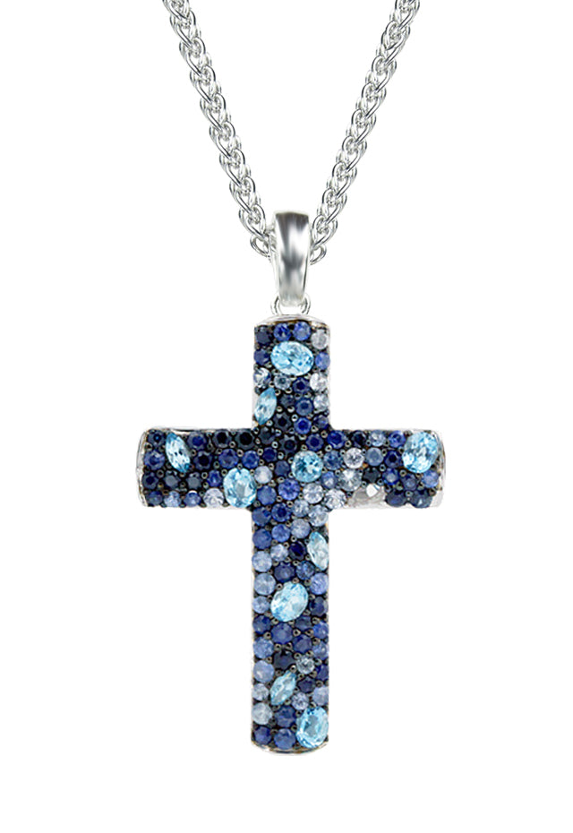 Effy 925 Sterling Silver Blue Topaz and Sapphire Cross Pendant, 4.17 TCW